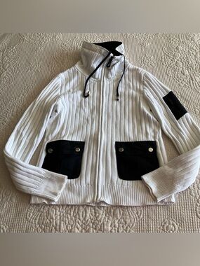 EUC Ralph Lauren white cotton cardigan zipper sweater with black accents